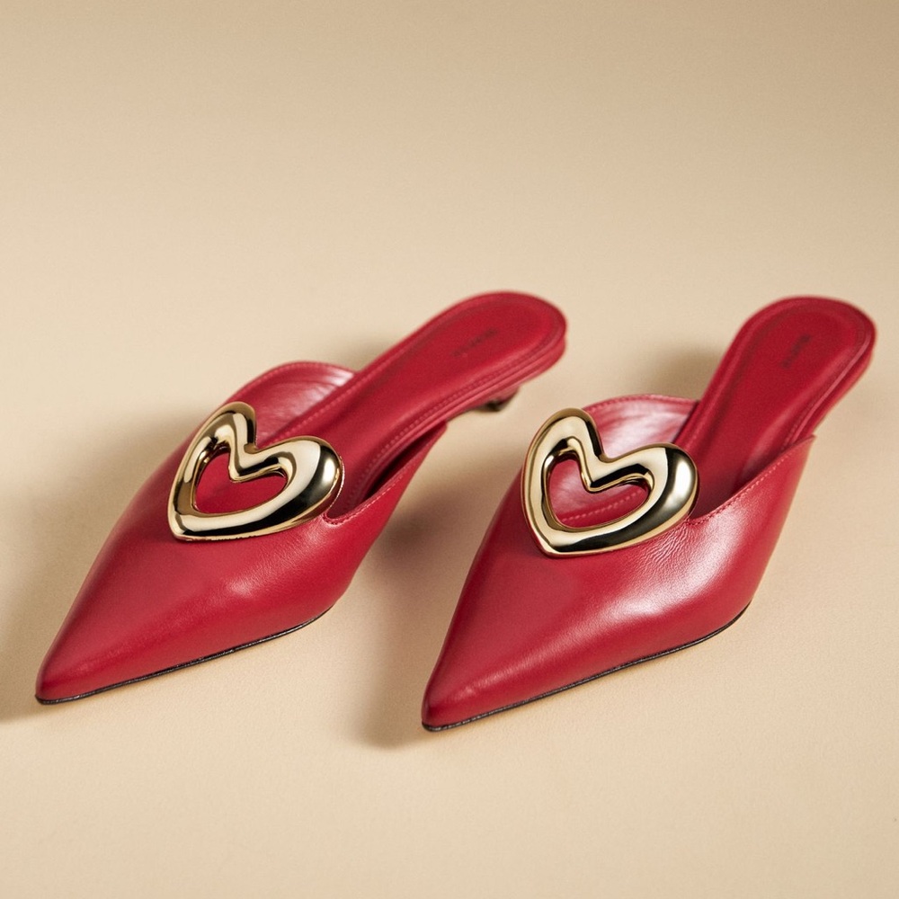 Maeve Red Pointed Leather Mules with Gold Heart Accent